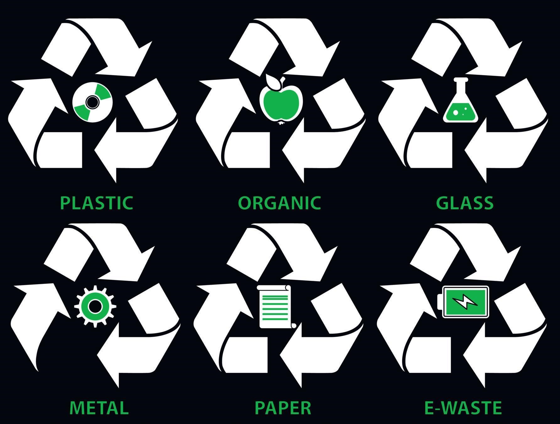 trash-can-icons-with-different-types-of-garbage-organic-plastic-metal-paper-glass-e-waste-in-flat-style-isolated-on-black-background-for-garbage-sorting-and-segregation-vector